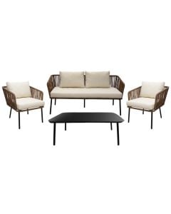 Set Toskana Living, 2 single armchairs + 1 double armchair + 1 table, steel / PE wicker, atrazite structure, brown wicker, beige cushion, W70xD70xH70 cm/W152xD70xH70 cm/99x59x37 cm