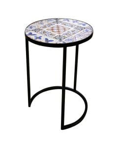 Mosaic side table, metal/ceramic, black frame, white/blue top, D38xH52 cm