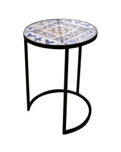 Mosaic side table, metal/ceramic, black frame, white/blue top, D35xH48 cm