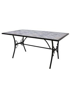 Mosaic table, metal/ceramic, black frame, white/blue top, 160x90xH75 cm