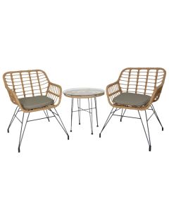 Set of 2 single chairs + 1 table, metal/PE rattan, black frame, dark grey seat, 56x62xH81 cm, D50xH52 cm