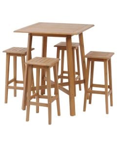 Tiwi bar table + stool set, tropical Acacia wood, natural color, table 800x800x1020 mm, chair W320x320x710 mm