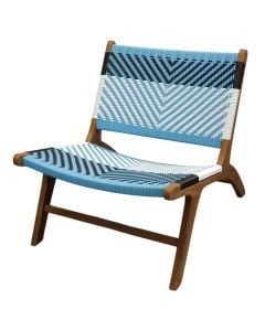 Relaxation chair, tropical Teak wood + synthetic rattan, natural color structure, blue with white thread, 60x80xH69 cm