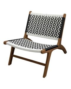 Relaxation chair, tropical Teak wood + synthetic rattan, natural color structure, white with black thread, 60x80xH69 cm