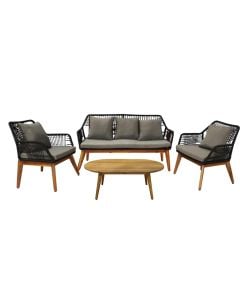 3-seater armchair set + single armchair + table, black color, 72x152xH80 cm/72x74xH80 cm/ Dia.55xH56 cm, tropical Acacia wood