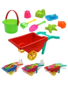Children's beach toys, carts + buckets + various shovels