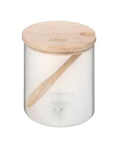 Sugar box, glass/wood
, transparent/natural, 
Dia. 8.6x11 cm