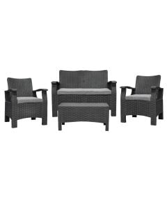 Set of 2 single armchairs with cushions + 1 double armchair with cushions + 1 coffee table, plastic rattan, anthracite structure, grey cushions, single 56x64xH89 cm / double 56x118xH89 cm / table 48x85xH42 cm