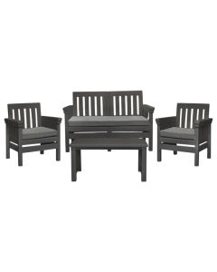 Set of 2 single armchairs with cushions + 1 double armchair with cushions + 1 coffee table, plastic rattan, anthracite structure, grey cushions, single 56x64xH89 cm / double 56x118xH89 cm / table 48x85xH42 cm