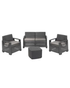 Set 2 poltrone singole + poltrone doppie + tavolino, Mandello, PP, sedia 72x66x74 cm, divano 2 posti 129x66x74 cm, tavolino 53x53x40 cm, colore antracite