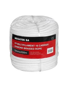 PP multifilament 16-strand Diaond Braided Rope,white , Size:10mmx200m