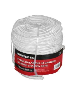 PP multifilament 16-strand Diaond Braided Rope,white , Size:12mmx100m