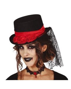 Vampire hat, halloween, tulle and polyester, black and red, 1 piece