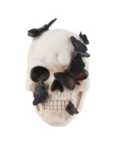 Decorative skull with butterflies, halloween, polystone, 19x19.5x13.5 cm, white/black, 1 piece
