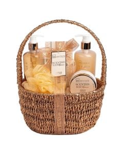 Shower set, IDC, with basket, 300 ml shower gel, 300 ml bubble bath, 100 ml body lotion, 100 gr shower salt, candle, sponge, 1 pack
