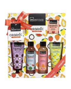 Shower set, IDC Institute, Organic, fruits, 150 ml shower gel, 100 ml body lotion, 150 ml bubble bath, 100 g shower salt, 100 body scrub, 1 pack