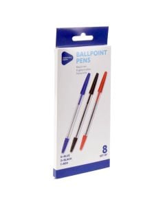 Pen set, Ballpoint, blue/black/red, 8 pieces, 1 pack