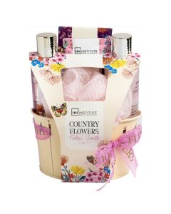 Shower set, IDC, Country Flowers, shower gel 125 ml, shower salt 100 gr, bath 125 ml, body lotion 50 ml, bathing net, 1 pack