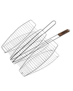 Fish grill, metalic, with wood handle, 66x41x2.5 cm