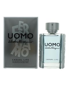 Eau de toilette (EDT) for men, Uomo Casual Life, Salvatore Ferragamo, glass, 100 ml, silver, light blue and transparent, 1 piece