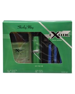 Eau de toilette, body spray and razors gift set for men, Exotic, Shirley May, plastic and metal, 100+75 ml, green, 5 pieces