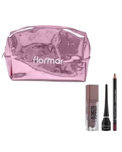 Cosmetic bag, lip pencil, dipliner and lipstick set, plastic and polyurethane, 17x12x5 cm, rose gold, 4 pieces