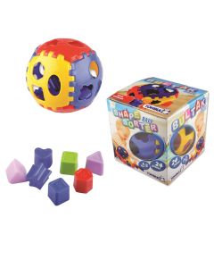 Shape sorter ball for children, plastic, 15 cm, yellow, red and blue, 15 pieces