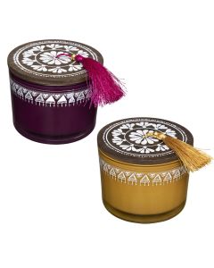 Scented candle with glass holder, wood aroma, amber, musk, red/mustard color, D11 x H8.5 cm, 280 g