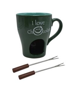 Chocolate fondue with two forks, porcelain, green