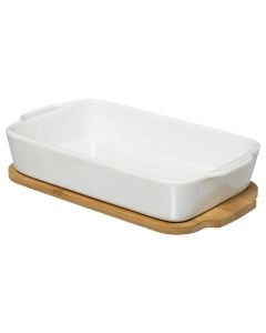 Earthenware casserole with holder, ceramic / bamboo, white, 16.5x29.5x6.5 cm