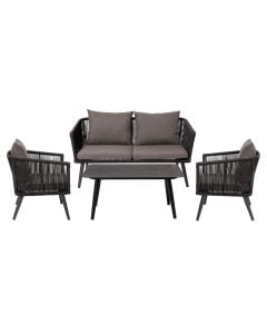 Set of 2 single armchairs + 1 double armchair + 1 Dili table, aluminum / woven PE, black, 65x70xH69/136x70xH69/90x50xH46.5 cm