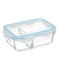 Hermetic bowl with compartment, glass/PP, transparent/blue, 20x13.5xH6.7
