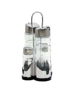 Holder Oil+vinegar+salt+pepper , Glass+Metallic, transparent, L. 11 x D. 10.5 x H. 20 cm