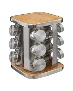 Spice rack, set of 12 pieces, bamboo+glass, natural+metal, glass, L. 17 x D. 17 x H. 22.9 cm