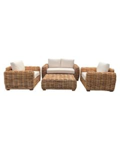 Set Alba Living 2  armchairs+1 sofa+1 table with glass, rattan, natural brown, 104x90xH70 / 224x90xH70 / Dia.80xH35 cm