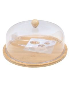 Cake holder/stand with lid, bamboo/glass, brown, Dia.25x25 cm
