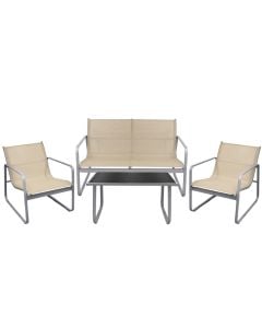 Set of 2 chairs + 1 double armchair + 1 table with glass back, gray / beige, 60x74xH75 / 114x74xH75 / 75x44xH40 cm