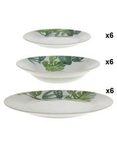 Plate set Tropica (Pk 18), porcelain, white leaf design, Dia.19/Dia.20/Dia.27 cm