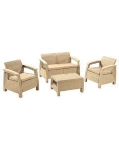 Novara set 2 single armchairs + 1 double armchair + 1 middle table with glass, plastic rattan, cappuccino, single 75x70x79cm, double 128x70x79cm, table 77x57x42cm