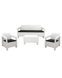 Novara set of 2 single armchairs + 1 3-seater armchair + 1 middle table, plastic, white color