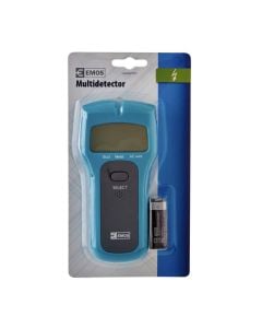 Multidetector, Emos, optical + acustic, 1× 9 V, detection:  wood, metal, AC wiring, 2.8x7.2x15.5 cm