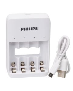 Battery charger, Philips, 2xAA 1300 mAh + 2xAAA 800 mAh, 1x Micro USB, 100V - 240V