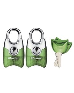 Masterlock padlock, Security level 3, 2 x 20mm - lexan & chrome plated zinc body - 10mm steel shackle, 3mm diam. - key retaining - front access key green - 2 same colours / single pc, Luggage