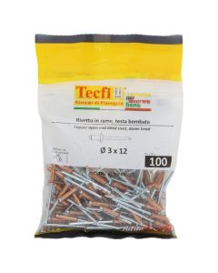 Open end dome head blind rivets, copper/zp steel, Ø 3x12mm, Bag 100