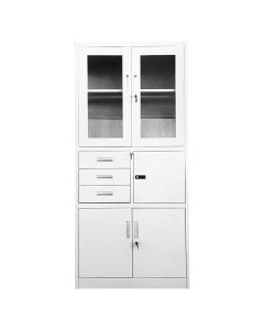 Metal filing cabinet, 2-metal doors, 2 glass doors + 2 metal shelves + 3 drawers, RAL 7035, H1850 x W850 x D390