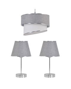 Set, 1pendanta light + 2 table light, E27, 1x60 W, gray/white textile, H35 cm