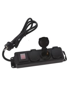 Power socket, 3 ways, 1.4m, IP48, 3x1.5m, rubber, black