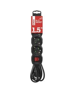 Electric extension cord, 4 modules, 1.5m, 3x1.5mm, black, with switch, 16A