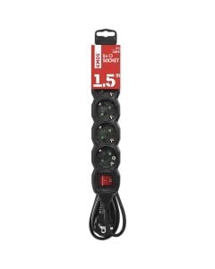 Electric extender, 5 modules, 1.5m, 3x1.5mm, black, with switch, 16A