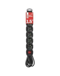 Electric extension cord, 6 modules, 1.5m, 3x1.5mm, black, with switch, 16A